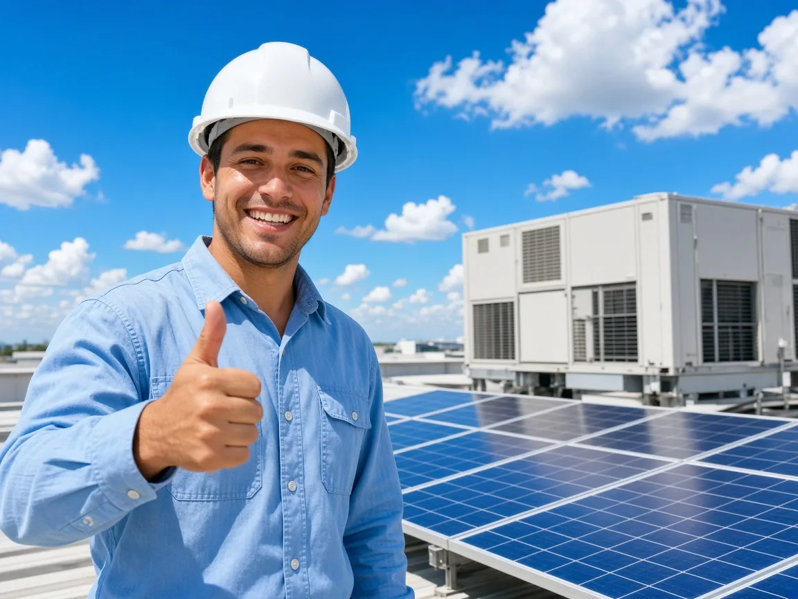 A smiling energy technician giving a thumbs up next to solar panels on a sunny commercial rooftop